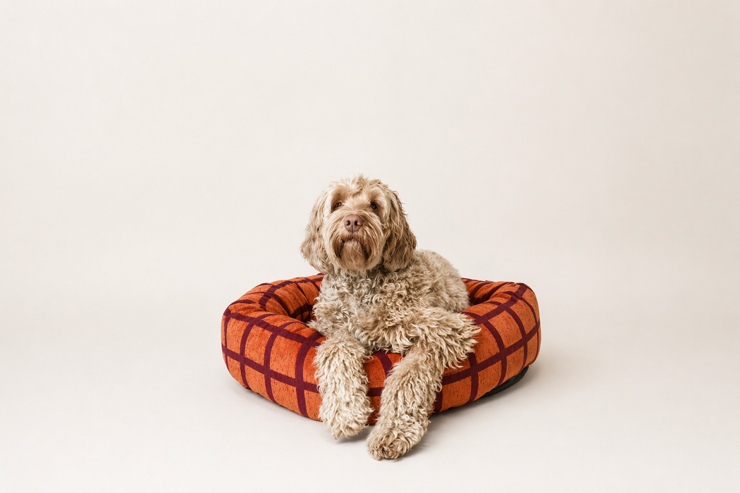 Dogguo donut hondenmand vierkant print bordeaux oranje