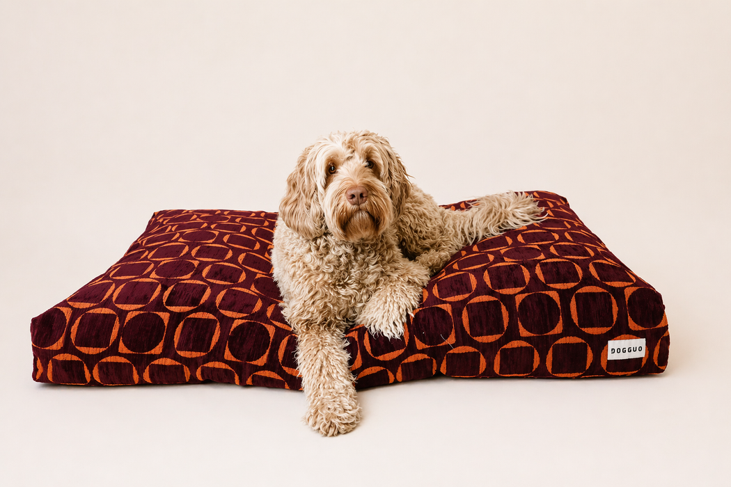 Dogguo hondenkussen - retro print - bordeaux/oranje