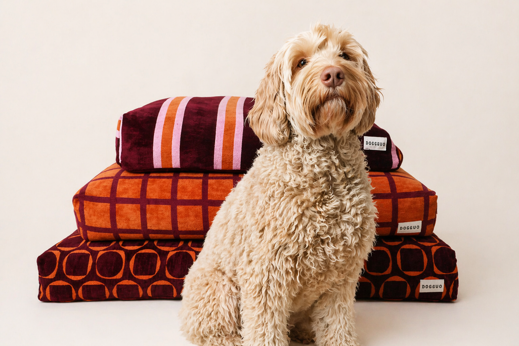 Dogguo hondenkussen - retro print - bordeaux/oranje